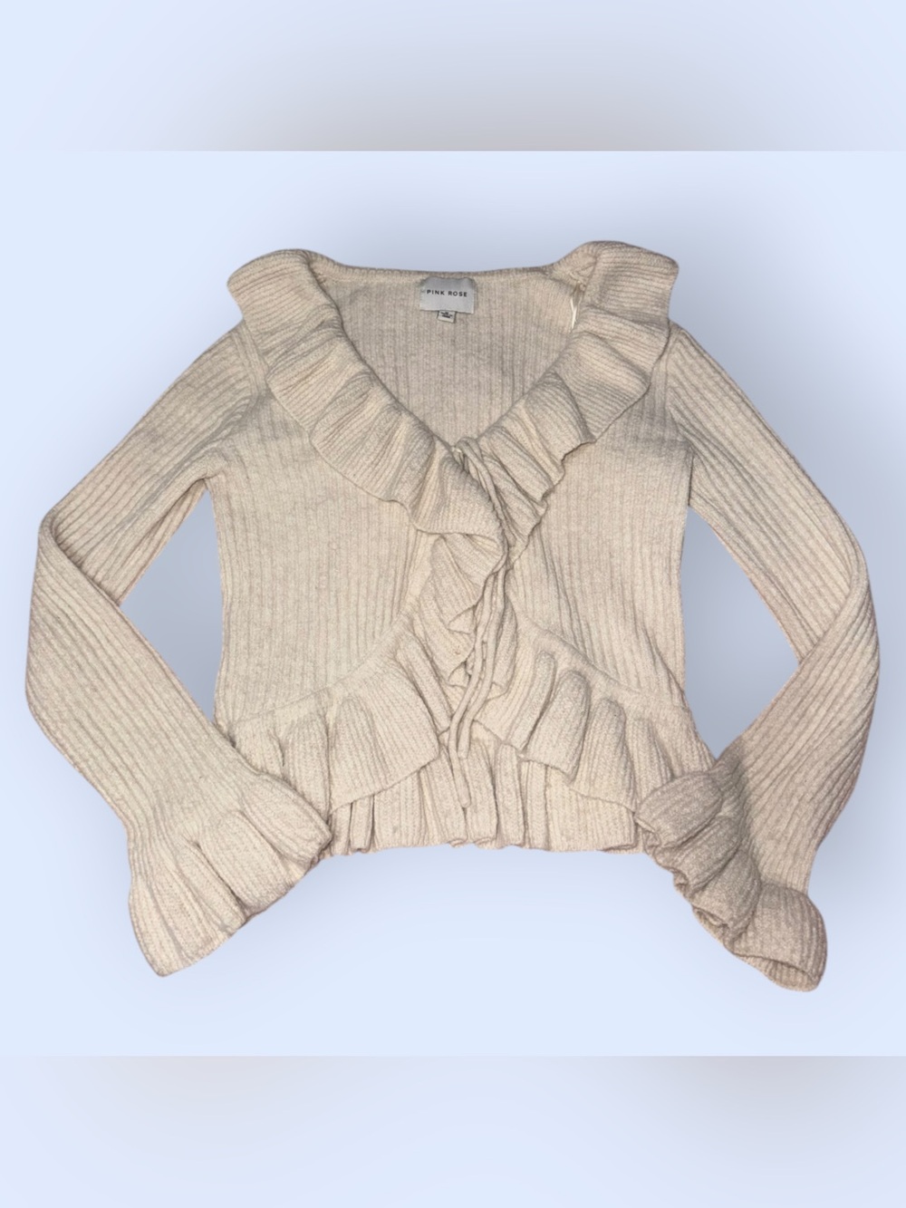 Pink Rose Cream Ruffled Tie-Front Knit Cardigan Sweater